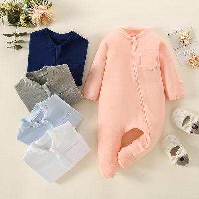 Baby Pure Cotton Solid Color Zip-up Long-sleeved Long-leg Romper