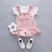 Baby Girl Stripes Fly Sleeves Top & Solid Color Suspender Pants  Pink