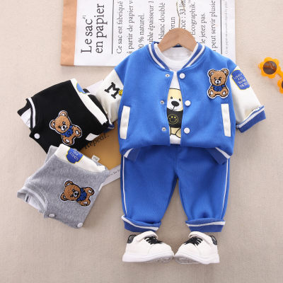 3-piece Toddler Boy Pure Cotton Bear Printed Long Sleeve Top & Color-block Bear Towel Embroidery Patch Baseball Jacket & Matching Pants