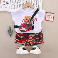 2-piece Toddler Boy Pure Cotton Bear Printed Vest & Camouflage Shorts  Red