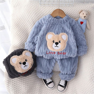 2-piece Toddler Boy Bear and Letter Embroidered Plush Top & Matching Pants