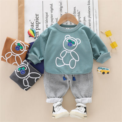 Felpa stampata con orsetto di cartone animato in 100% cotone da bambino in 2 pezzi e pantaloni a blocchi di colore