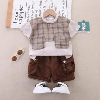 2-قطعة طفل صبي منقوشة المرقعة قصيرة الأكمام تي شيرت وسراويل البضائع بلون