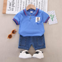 Polo de manga corta con estampado de oso de algodón puro para niños pequeños de 2 piezas y pantalones cortos de mezclilla  Azul