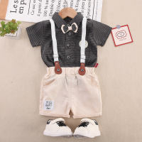 2-piece Toddler Boy Pure Cotton Plaid Bowtie Decor Short Sleeve Shirt & Matching Suspender Shorts  Black