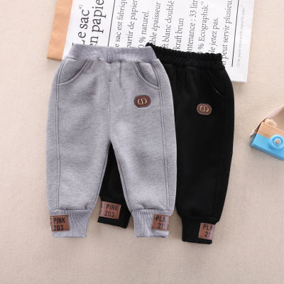 Toddler Boy Pure Cotton Letter Pattern Fixed Drawstring Fleece-lined Pants