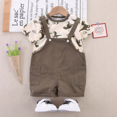 2-piece Toddler Boy Pure Cotton Allover Dinosaur Printed Short Sleeve Top & Solid Color Dungarees