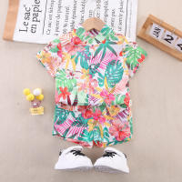 Camisa de manga corta con estampado floral de algodón puro para niños pequeños de 2 piezas y pantalones cortos a juego  Rosado