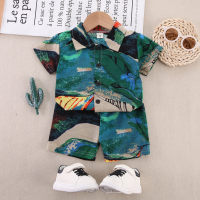 2-piece Toddler Boy Pure Cotton Allover Printing Short Sleeve Shirt & Matching Shorts  Green