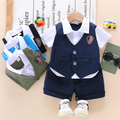 Baby Boy Preppy Fake two-piece  Shirt And Solid Colour Shorts