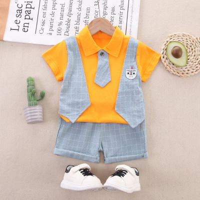 3-piece Toddler Boy Pure Cotton 2 in 1 Color-block Patchwork Short Sleeve Polo Shirt & Plaid Shorts