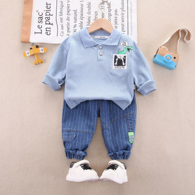 2-piece Toddler Boy 100% Cotton Solid Color Dinosaur Pattern Button Front Long Sleeve Polo Shirt & Striped Pants