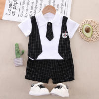 3-piece Toddler Boy Pure Cotton 2 in 1 Color-block Patchwork Short Sleeve Polo Shirt & Plaid Shorts  White