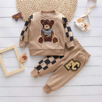 Popular infantil primavera e outono xadrez urso toalha padrão bordado terno de manga comprida