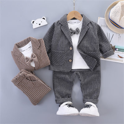 3-piece Toddler Boy Bowknot Decor Long Sleeve Top & Striped Jacket & Matching Pants