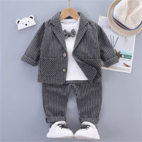 3-piece Toddler Boy Bowknot Decor Long Sleeve Top & Striped Jacket & Matching Pants  Black
