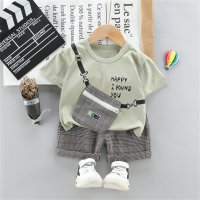 Toddler Boy Letter Print 3D Bag Decor T-shirt & Plaid Shorts  Gray-blue