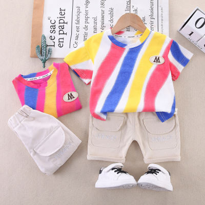 2-piece Toddler Boy Pure Cotton Color-block Letter Printed Short Sleeve T-shirt & Solid Color Shorts