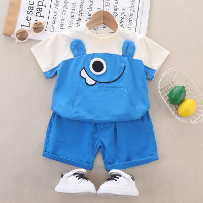 2-piece Toddler Boy Pure Cotton Color-block Patchwork Monster Style Short Sleeve T-shirt & Solid Color Shorts