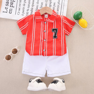 2-piece Toddler Boy Pure Cotton Striped Number Printed Short Sleeve Shirt & Solid Color Shorts