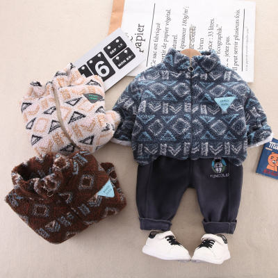 2-piece Toddler Boy Geometric Pattern Stand Up Collar Zip-up Jacket & Solid Color Pants