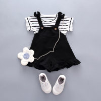 Baby Girl Stripes Fly Sleeves Top & Solid Color Suspender Pants  Black
