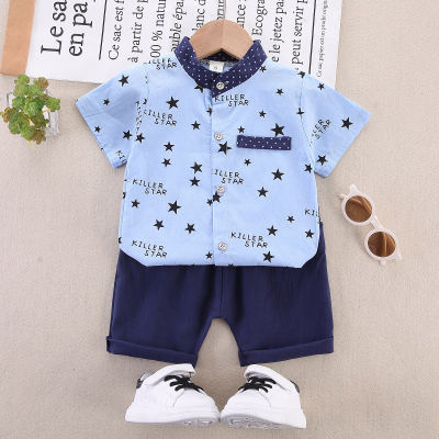2-piece Baby Boy Pure Cotton Allover Letter and Star Pattern Short Sleeve Shirt & Solid Color Shorts