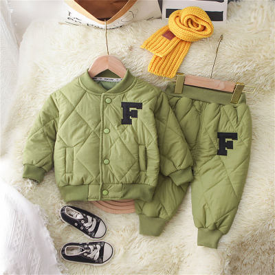 2-piece Toddler Boy Solid Color Letter Pattern Button-up Quilted Jacket & Matching Pants