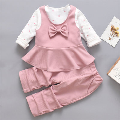 3-piece Toddler Girl Polka Dot Print Top & Solid Color Bow Embellish Sleeveless Top & Matching Pants