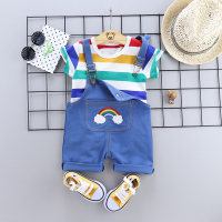 Baby Boy Short-sleeve Striped  Top And Rainbow Suspenders Shorts  Blue