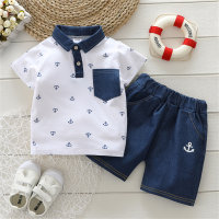 Children's summer all-over printed anchor lapel jeans short-sleeved suit  White