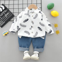 Children's Spring Feather Lapel Shirt Jeans Long Sleeve Suit  White