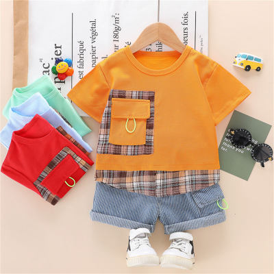 Baby Boy Patchwork Pocket Top And Vertical stripes Shorts