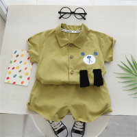 Camisa de manga curta estilo urso de algodão puro de 2 peças para meninos e shorts combinando  Verde