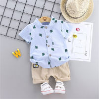 Infant and toddler summer fashion beach style all-over printed cactus shirt short-sleeved suit  Blue