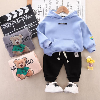 2-piece Toddler Boy Pure Cotton Bear Pattern Pocket Front Fleece-lined Hoodie & Pants