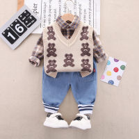 3-piece Toddler Boy Pure Cotton Plaid Button-up Shirt & Allover Bear Pattern Knitted Vest & Strip Patchwork Denim Pants  Khaki