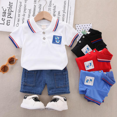 2-piece Toddler Boy Pure Cotton Dinosaur Pattern Short Sleeve Polo Shirt & Denim Shorts