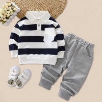 Baby Boy Striped Lapel Long Sleeve Top & Solid Pants  Navy Blue