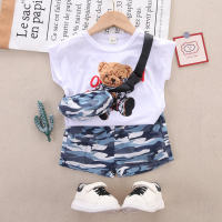 2-piece Toddler Boy Pure Cotton Bear Printed Vest & Camouflage Shorts  Blue