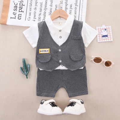 2-piece Toddler Boy Pure Cotton 2 in 1 Striped Patchwork Short Sleeve Top & Matching Shorts