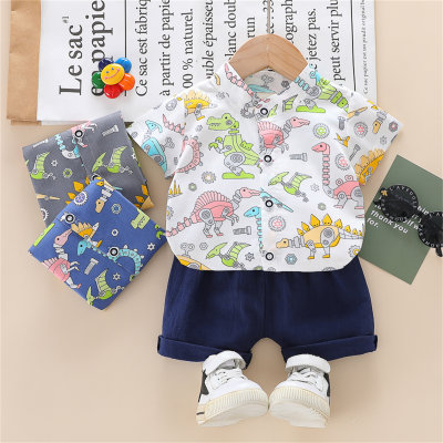 Toddler Boy Robot Dinosaur Short-sleeved Shirt & Blue Shorts