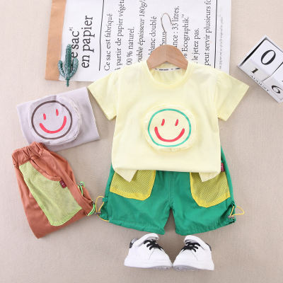2-piece Toddler Boy Pure Cotton Smiley Printed Short Sleeve T-shirt & Color-block Shorts