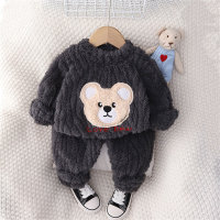 2-piece Toddler Boy Bear and Letter Embroidered Plush Top & Matching Pants  Deep Gray