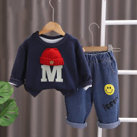 Top da bambino in 2 pezzi con lettera lavorata a maglia e jeans casual stampati con lettera e smiley  Blu navy