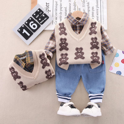 3-piece Toddler Boy Pure Cotton Plaid Button-up Shirt & Allover Bear Pattern Knitted Vest & Strip Patchwork Denim Pants
