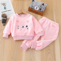 Baby 2 Pieces Solid Color Cat Face Graphic Fleeced Sweater & Pants for Winter  Pink