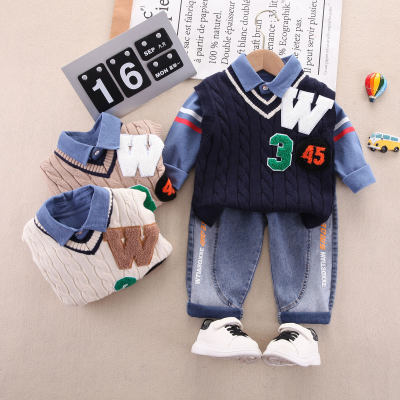 3-piece Toddler Boy 100% Cotton Solid Color Stripe Pattern Button-up Shirt & Letter and Number Pattern Cable Knitted V-neck Vest & Color-block Letter Printed Pants