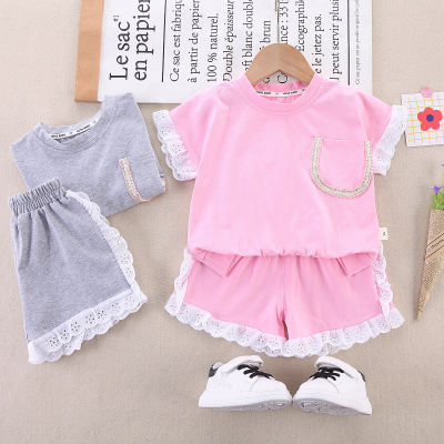 2-piece Toddler Girl Pure Cotton Solid Color Lace Spliced Short Sleeve Top & Matching Shorts