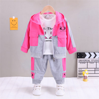 3-piece Toddler Girl Alphabet Print Top & Color Block Hooded Zipper Jacket & Matching Pants
